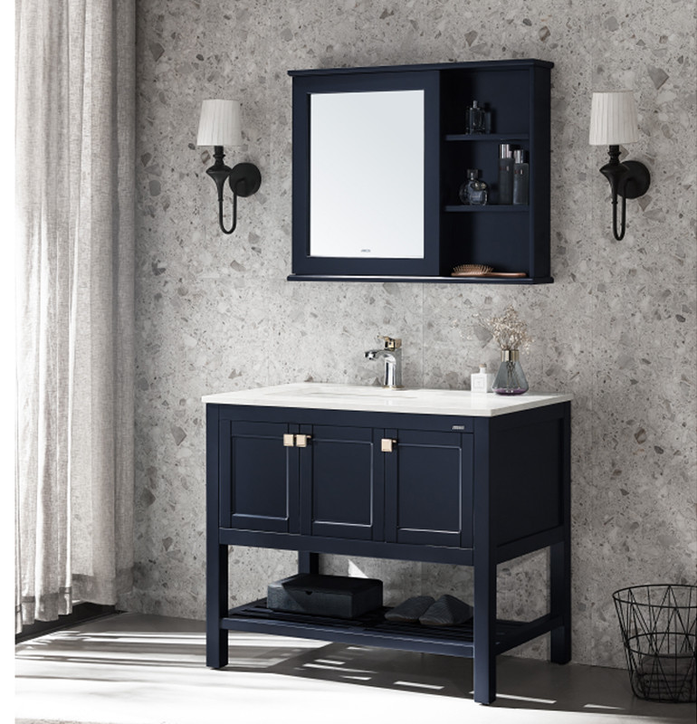 Solid Wood Mirror Wash Basin Cabinet Matt Black Color For Bathroom
