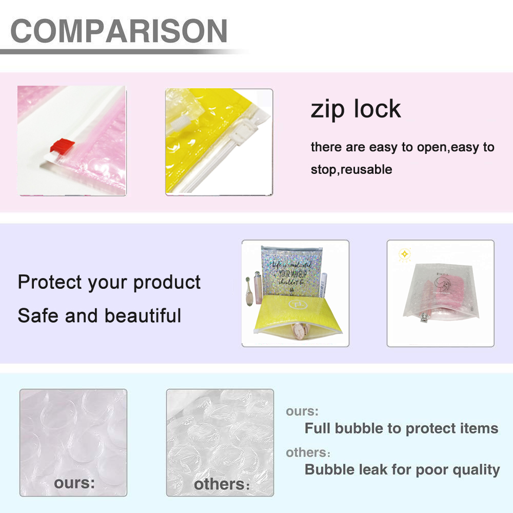 Compostable metallic glossy holographic private label bubble mailing bag, zip slider clear glitter bubble pouch bag