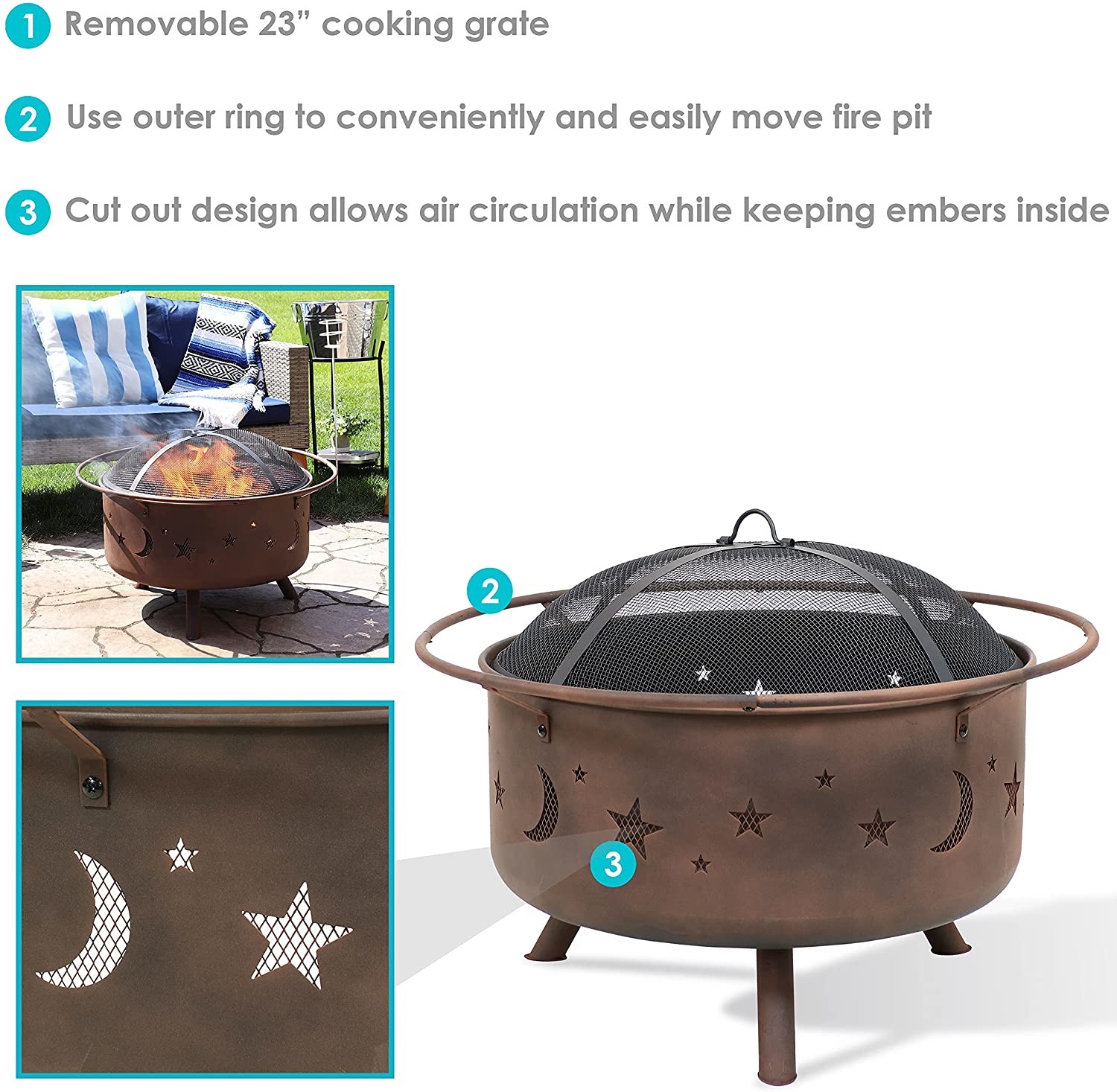 30'' portable charcoal fire pit Round Steel Deep Bowl Firepit Outside Patio