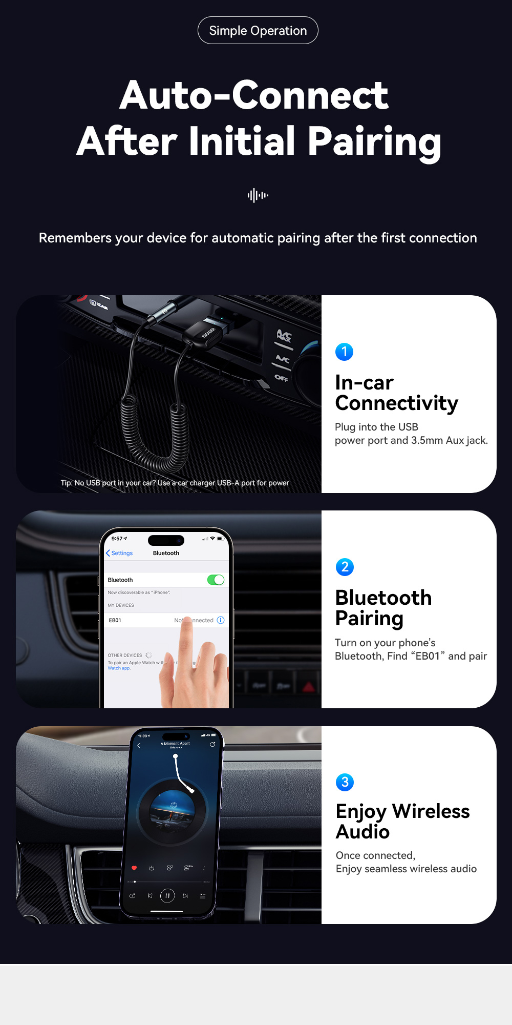 Essager EB01 Series Male 3.5mm Jack Audio Bluetooth Adapter Blue Tooth Receiver