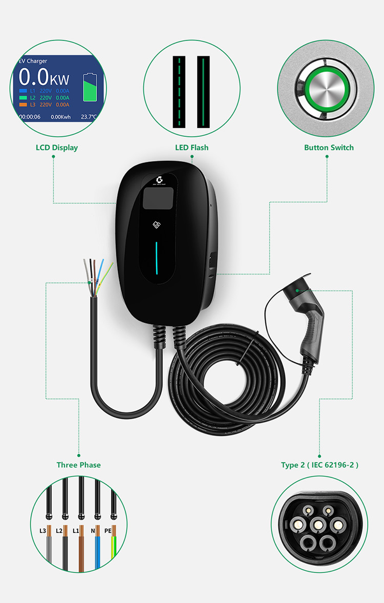 IP65 22KW Home Charging Wall Box Three Phase Level 2 Solar PV Systems