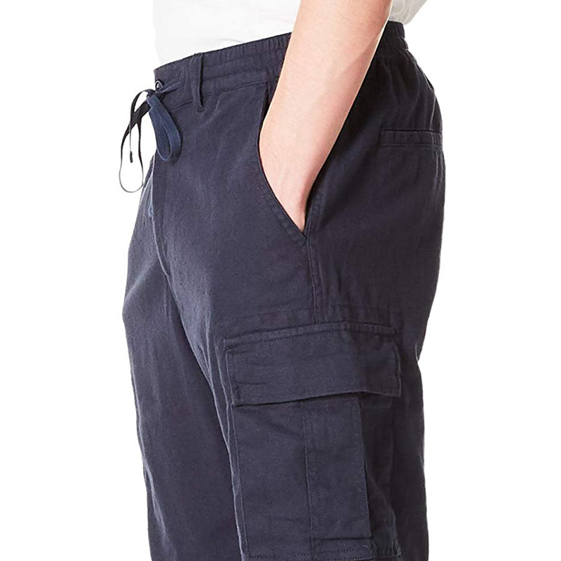 Men'S Cotton Linen Blend Cargo Shorts 9.5 Inch Inseam Shorts Drawstring Button Closure