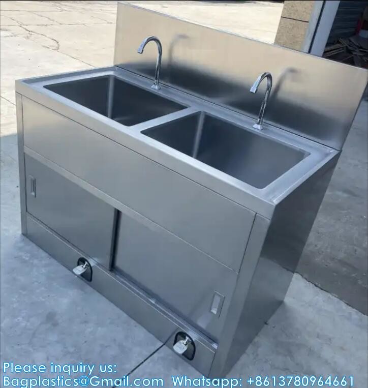 Double Hand Washing Sink Wash Basin With Automatic Sensor Or Pedal Customized 304 Stainless Steel Scrub Sink Induction