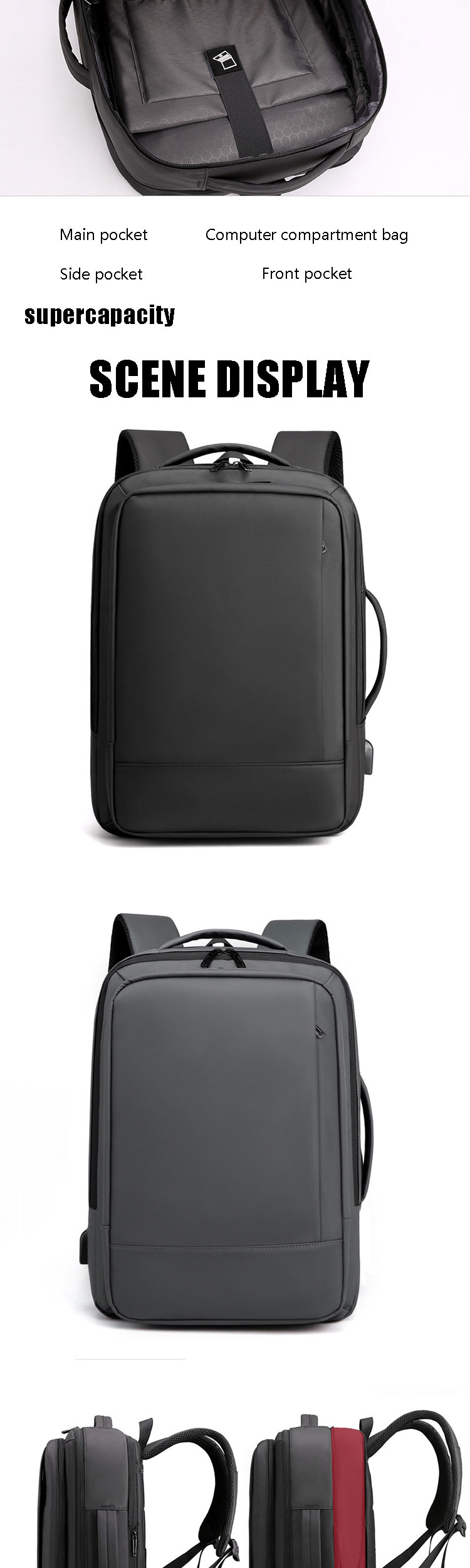 Mens Travel Laptop Backpack With USB Charging Port , High School College Rucksack