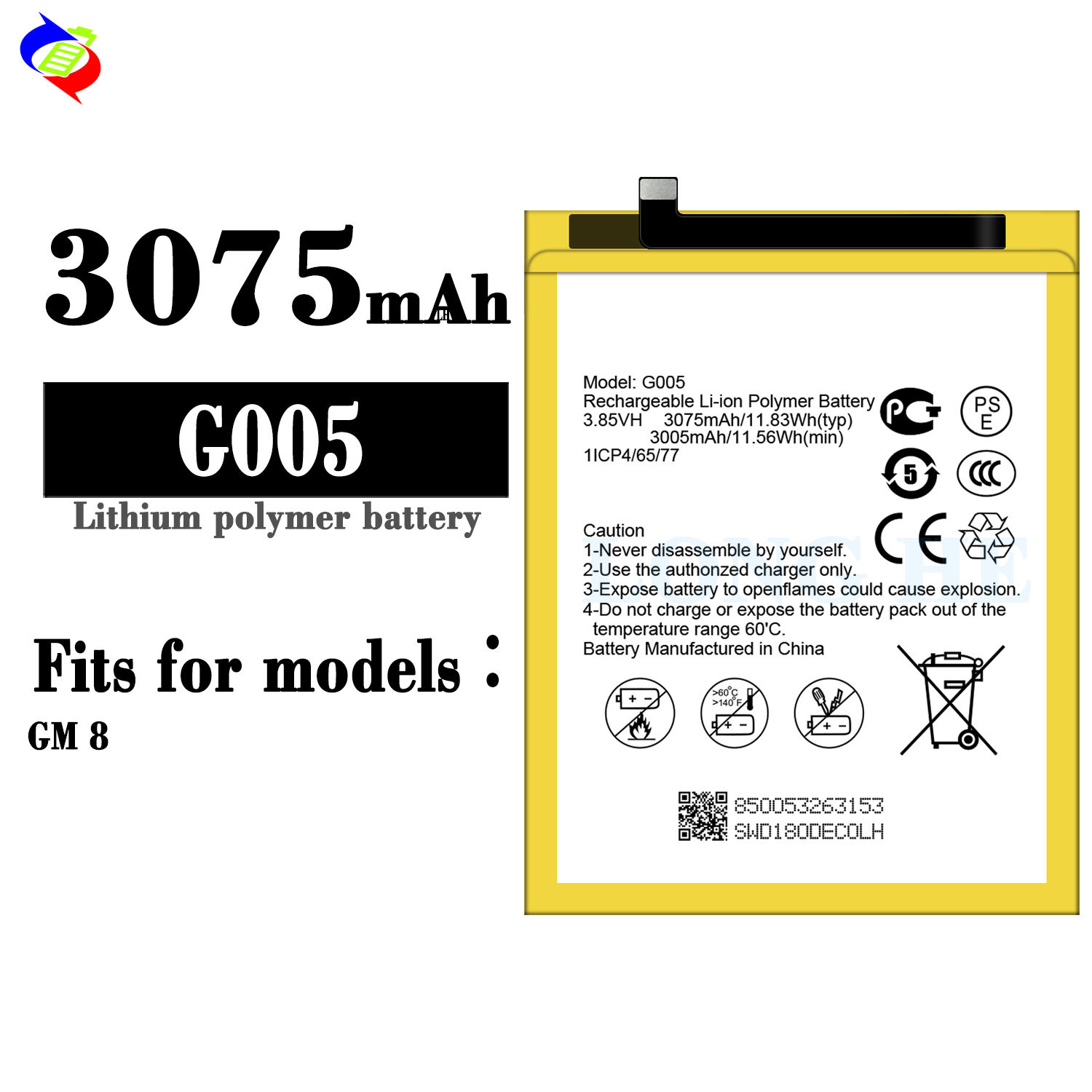 3075mAh GM8 Replacement Battery 3.85V G005 Original Lithium-ion for General Mobile