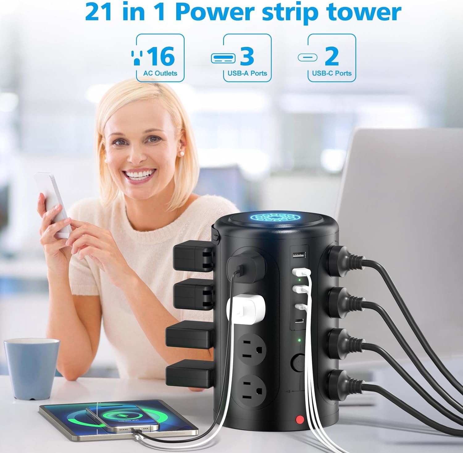 6FT Extention Cord Tower Power Strip With 16 Outlets And 5 USB Ports Surge Protector