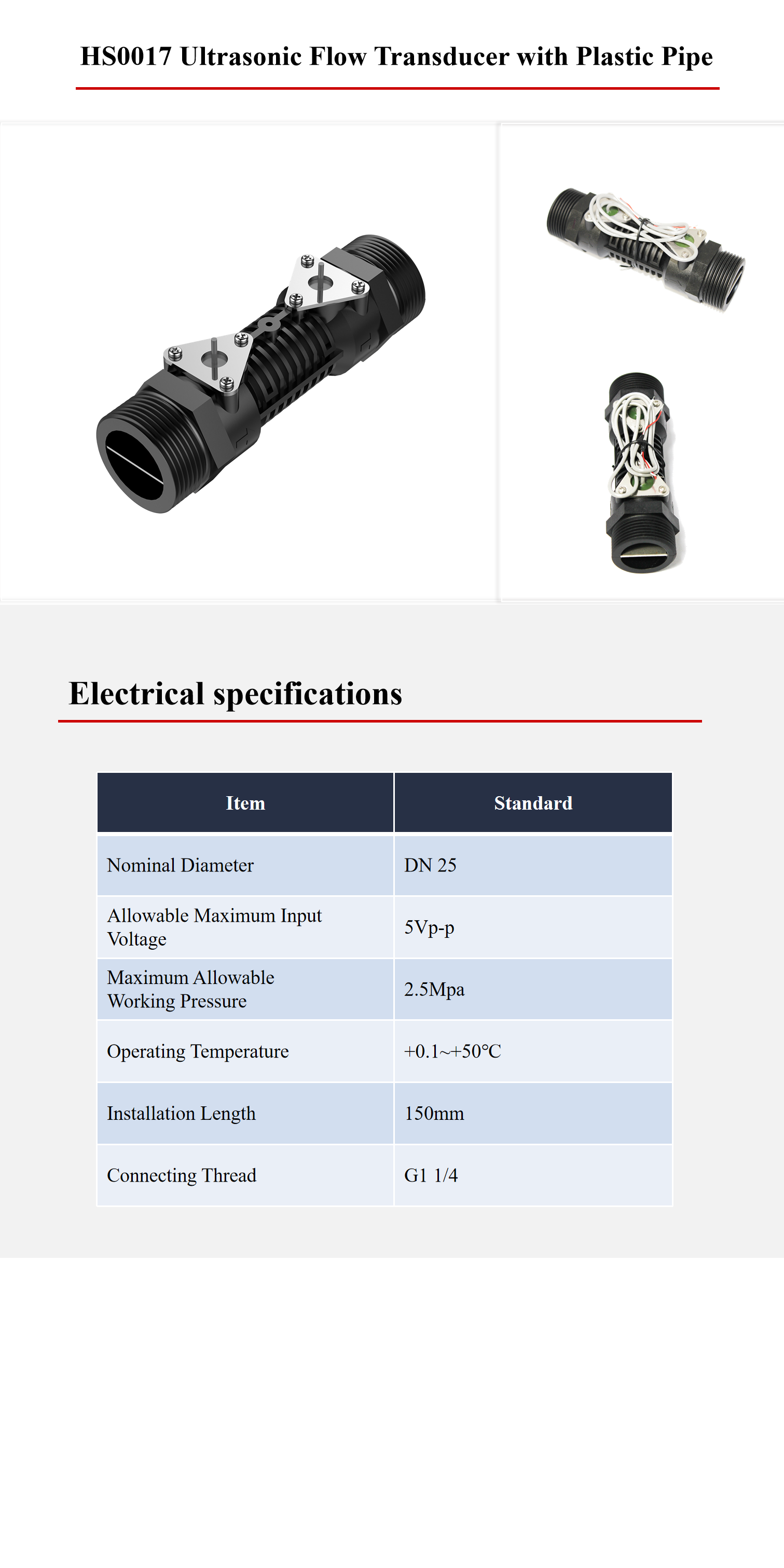 DN25 Transducer Flow Meter 1MHZ Ultrasonic Liquid Flow Transducer With Pipe