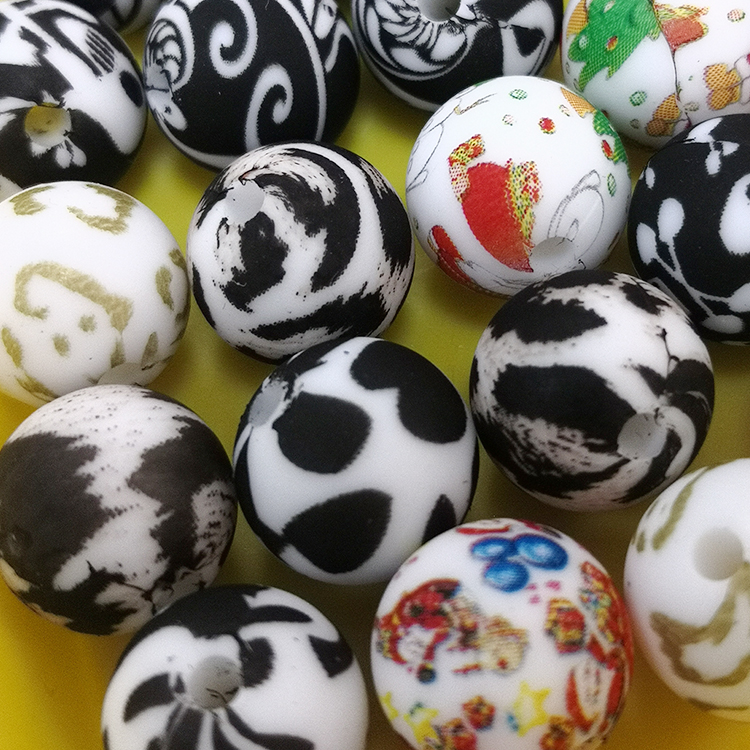Wholesale 12mm Custom Printed Silicone Beads Leopard Print Silicone Teether Chewy Bulk Beads For DIY Baby Teething Toy