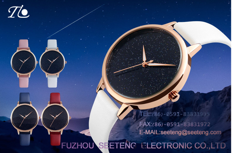 Simple and clean starry sky dial golden alloy case ladies watch with colorful pu leather strap