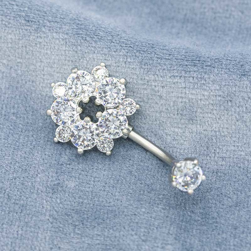 Clear Zircons Round Surgical Steel Belly Button Rings 12mm Flower Belly Bar