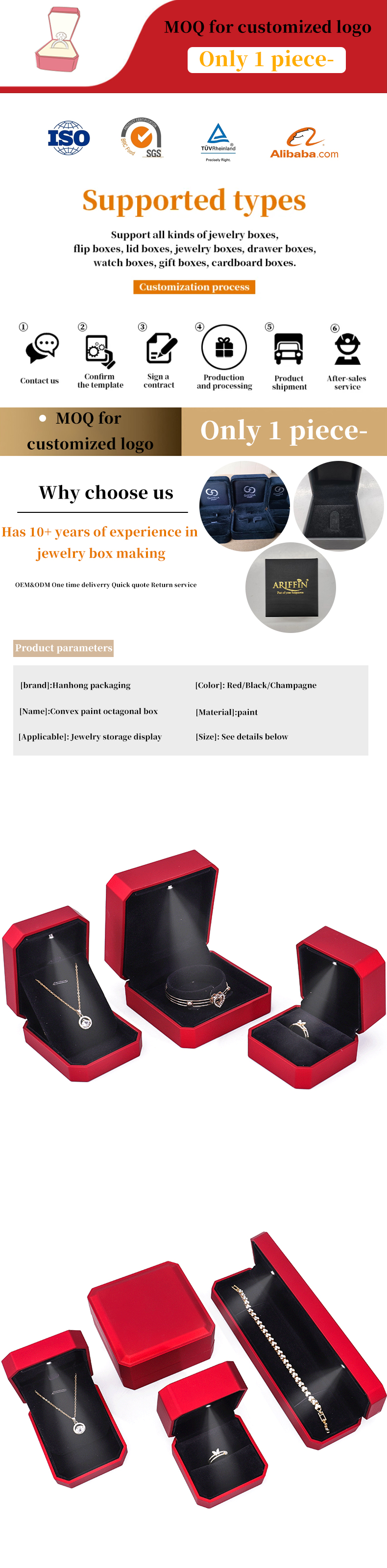 Luxury Jewelry Display Box with LED Light and Custom Logo Red Paint Finish 10*10*5cm
