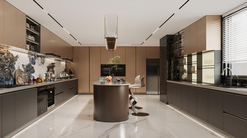 Sophisticated Residential Stainless Steel Kitchen Cabinets With Deep Gray And Brown Accents