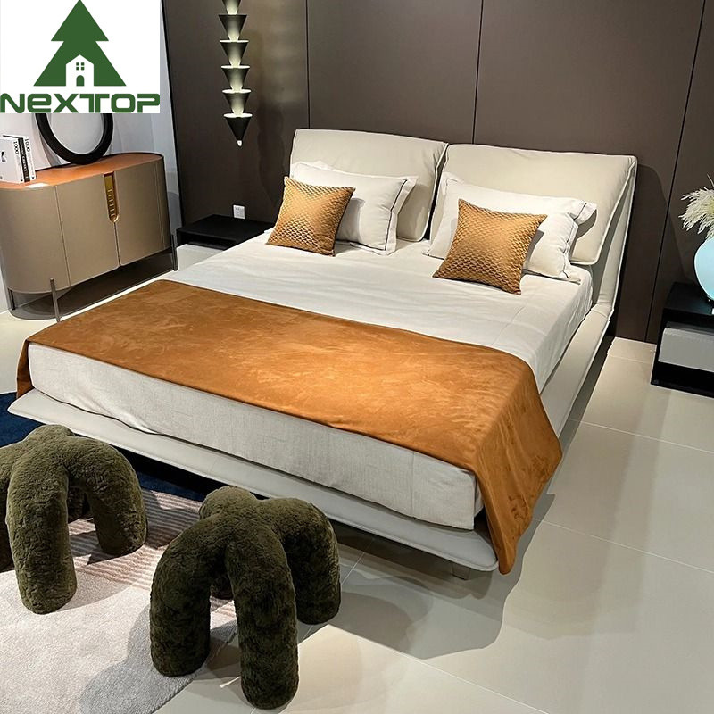 Stainless steel Upholstered Bedroom Sets Modern White Leather King Size Bed
