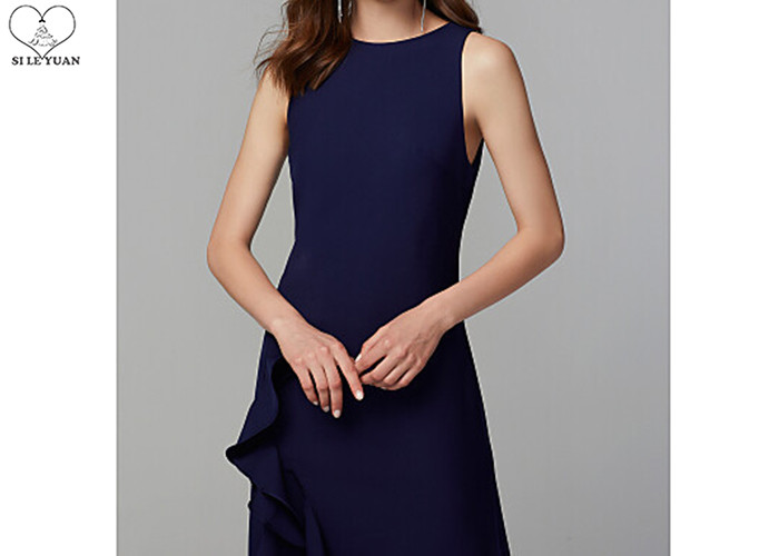 Navy Blue Long Bridesmaid Dresses High Slit Decorative Border Zipper Elastic