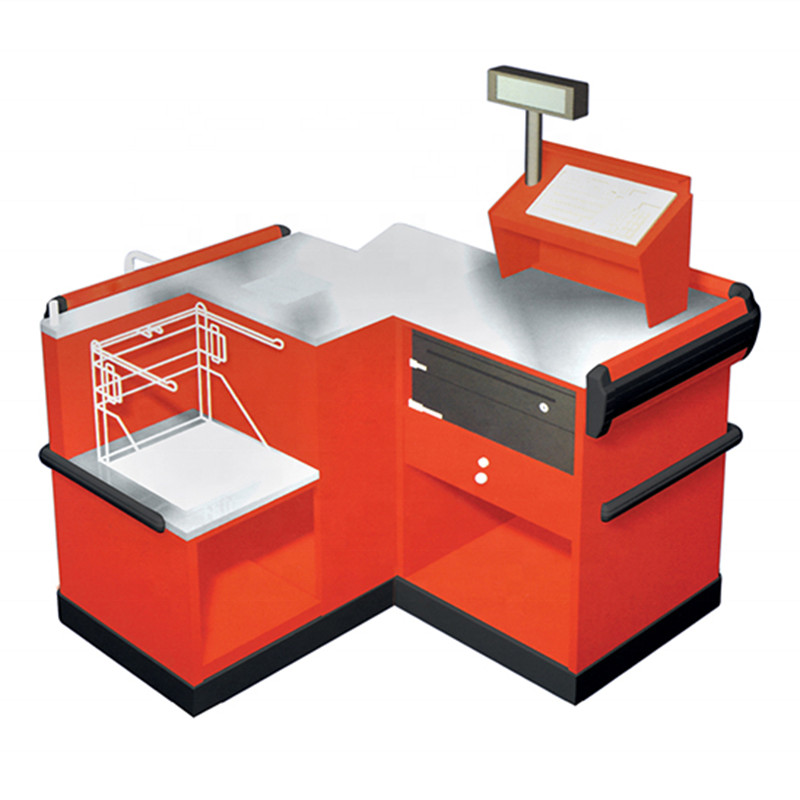 79in 2500mm Supermarket L Shaped Checkout Cash Register Display Counter With Conveyor Belt