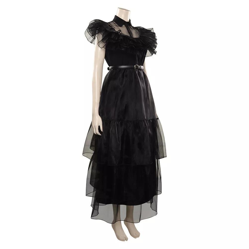 Wednesday Addams Family Costume Black Halloween Cosplay Dress for Girls and Children