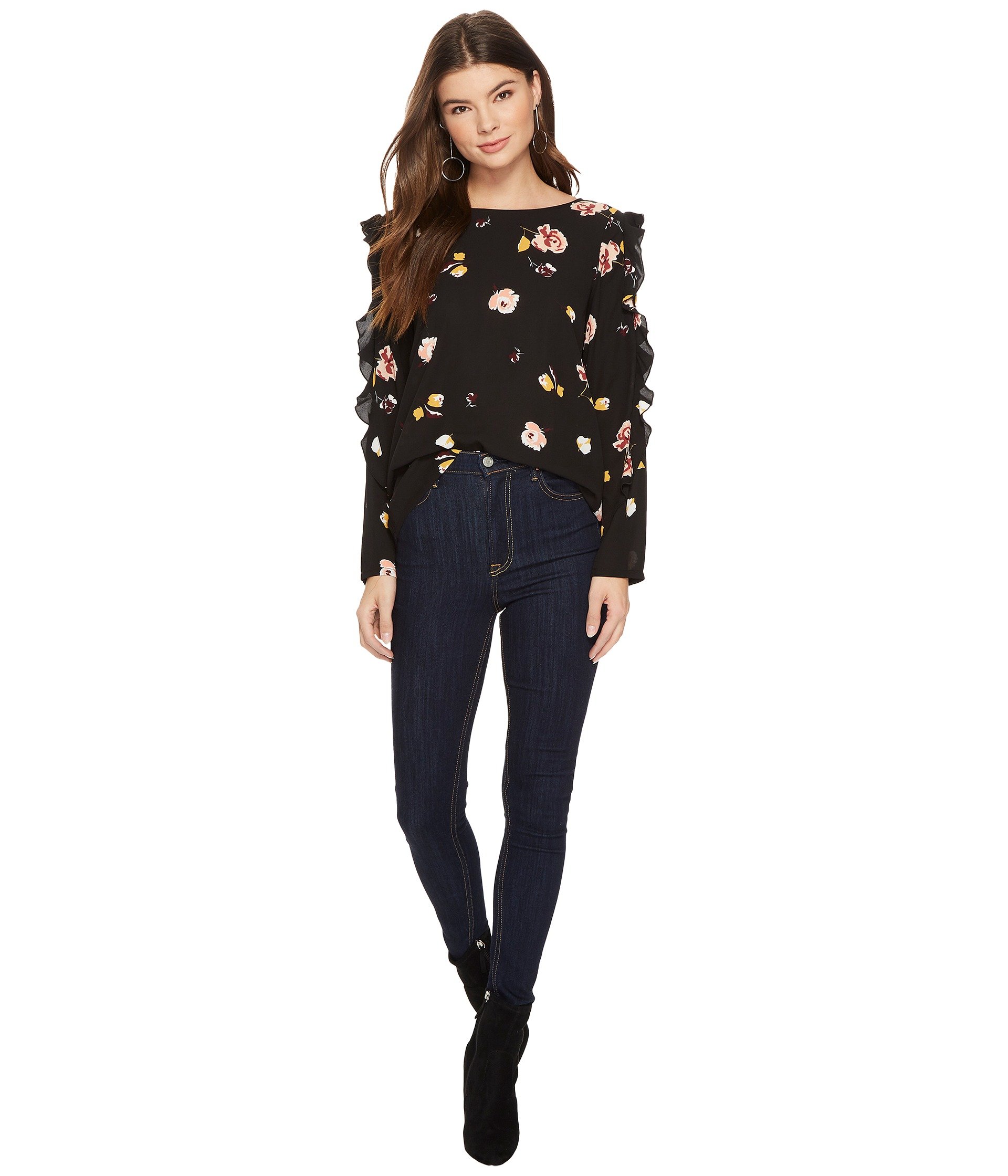 Fall Clothing W Ruffle Long Sleeve Detail Black Blouse Floral Ladies Tops