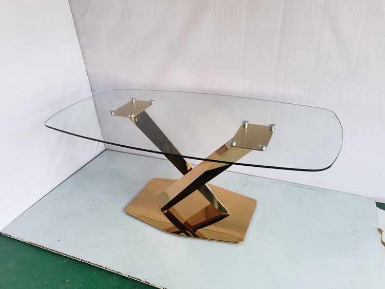Wedding imported gold metal base mirrored glass top dining table with crystal