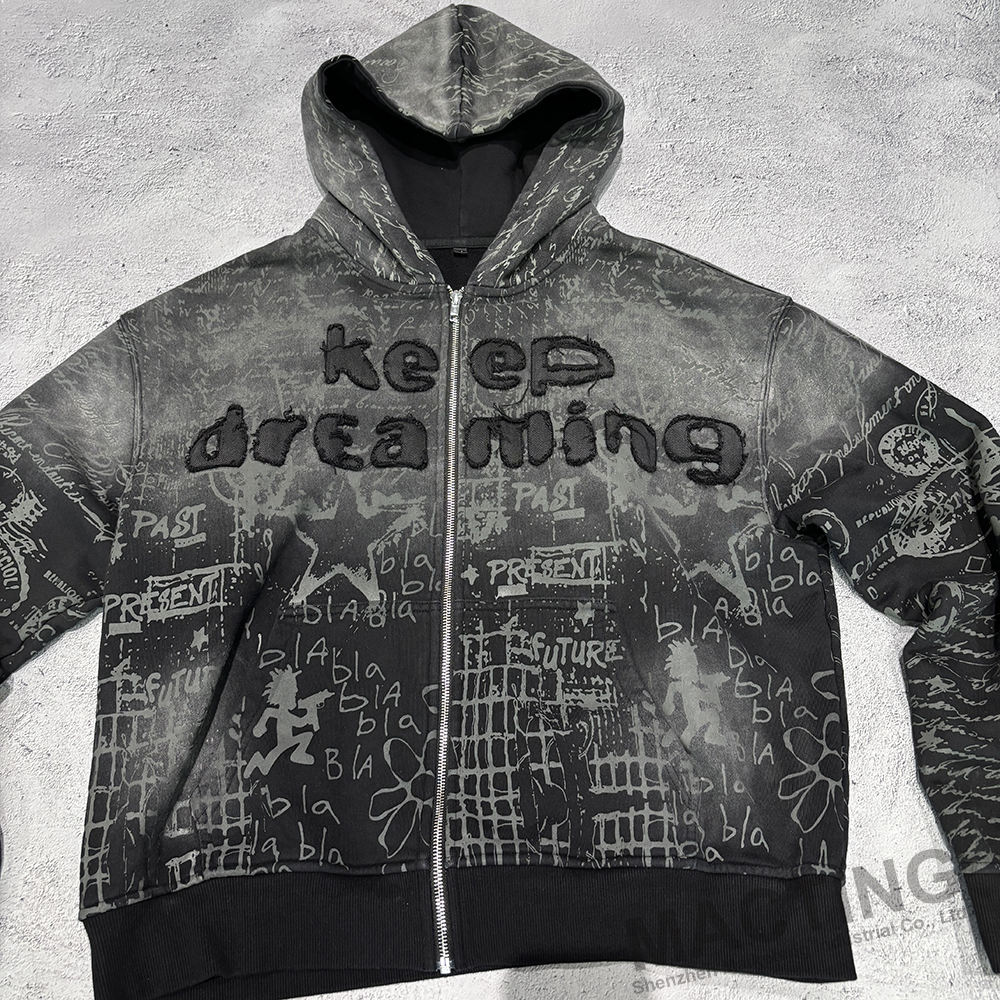 Full Print Vintage Distressed Applique Embroidery Hoodie 800 grams Fabric Weight