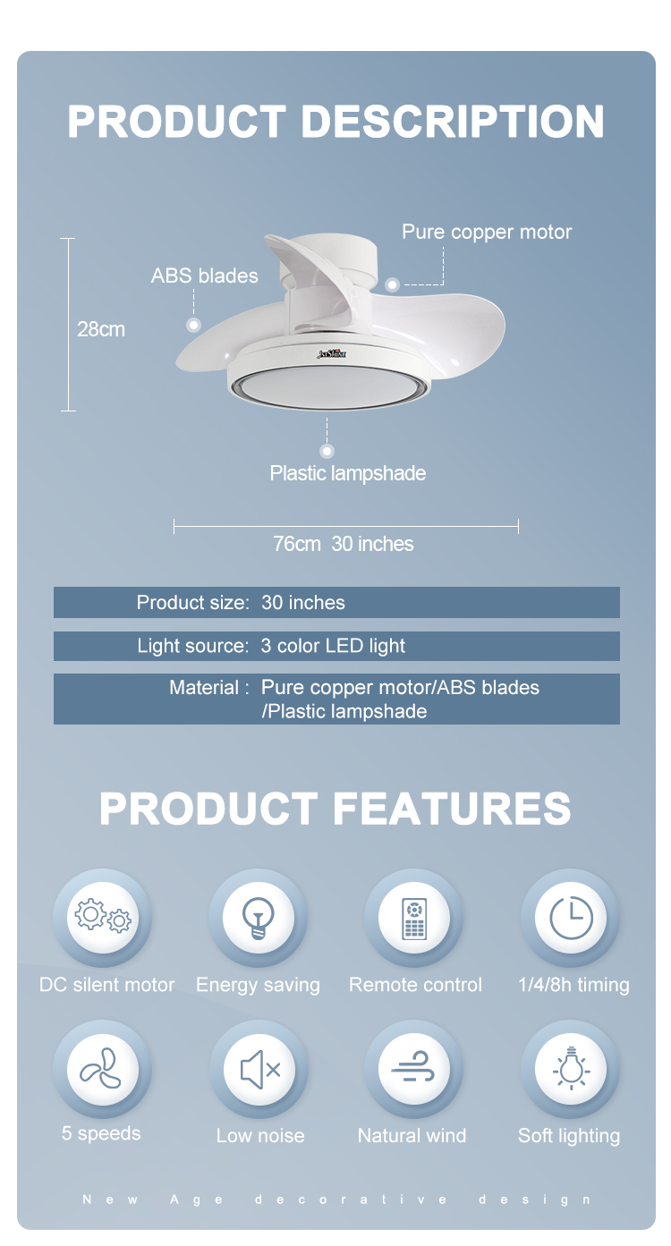Home Office 30" White Ceiling Fan with Remote Control and LED Lighting Made of Metal