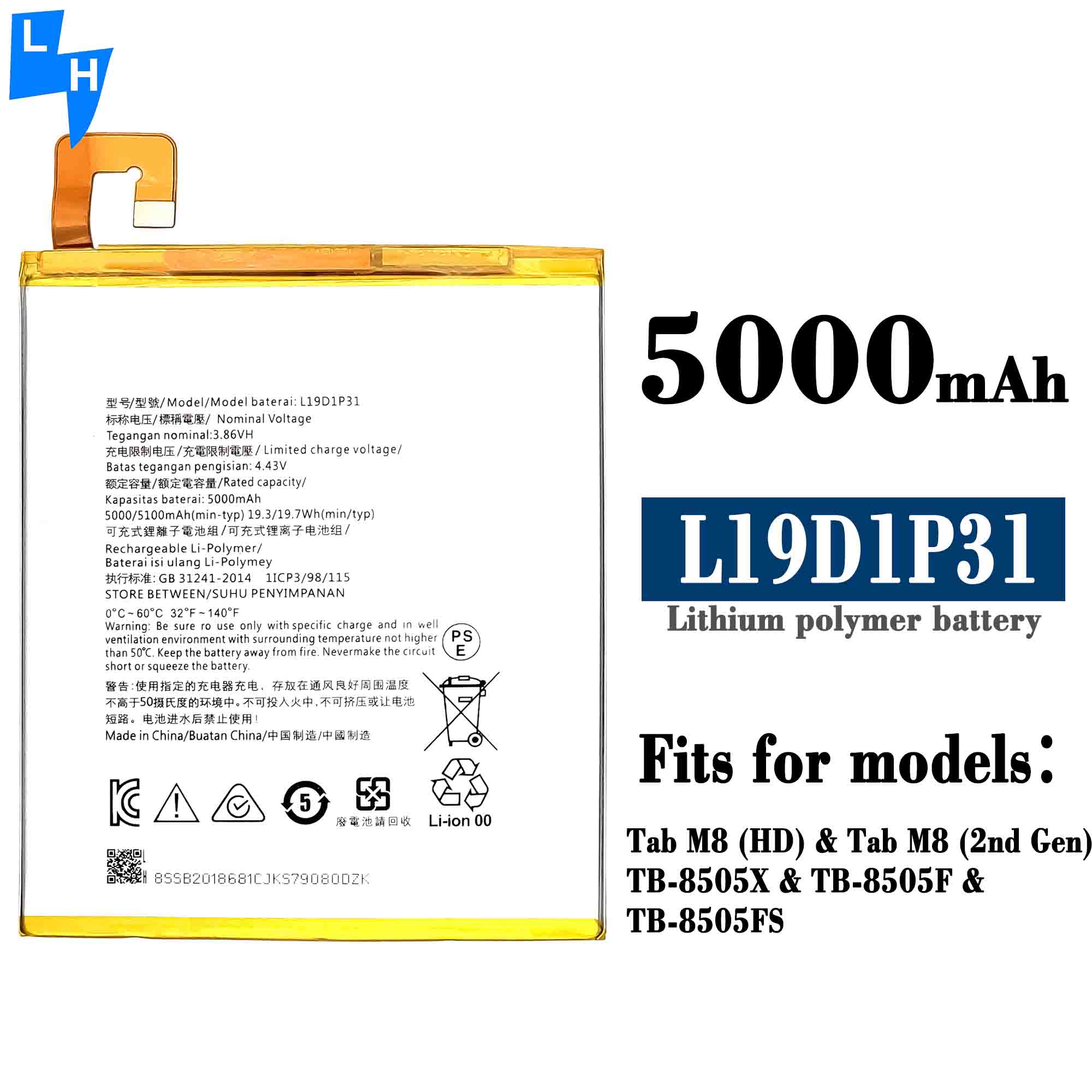 100% Original Rechargeable Battery for Lenovo Tab M8 HD TB-8505X 8505F 8505FS Original