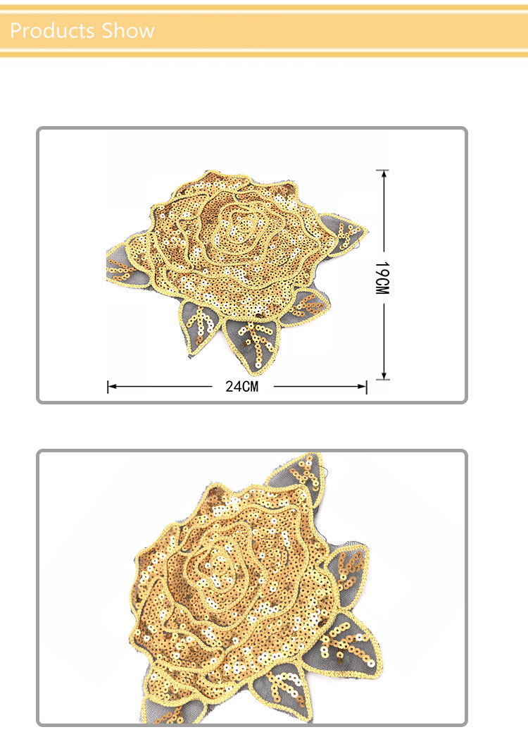 Gorgoes Golden Floral Sew On Patches , Shiny Rose Embroidery Patch For Garment