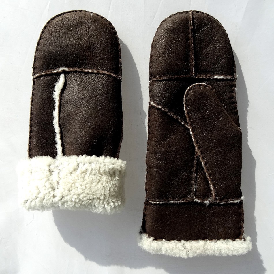 Bilberry Cheap Patched Sheepskin Lamb Fur Mittens with Belt for lady brown color