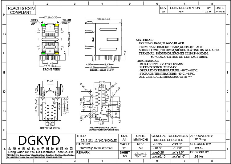 DGKYD21Q146DB2A2DZ068 10/100/1000 Base-T Connector 10P8C RJ45 Modular Jack Ethernet RJ45 Multiport Connector