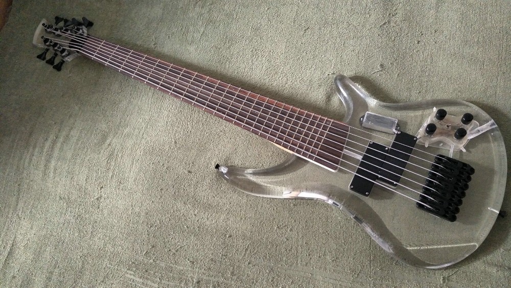 7 Strings Bass Guitar Limited Edition Clear Acrylic Body Rosewood fingerboard inlay Blue LED lamp Electric Bass Guitar