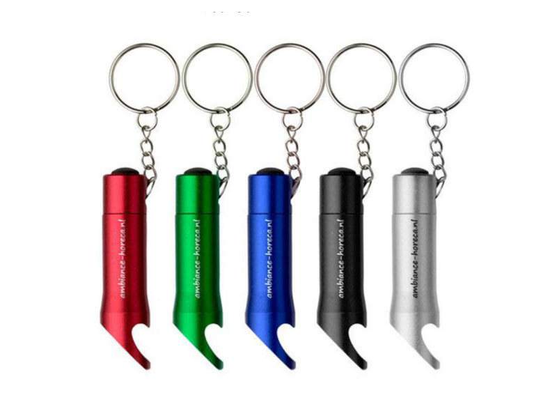 Custom popular cheap personalized promotion gift anodized small led keychain light beer bottle opener key ring