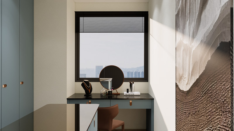 Blue Grey Custom Walk In Closet With Multi Drawer Island And Black Mirrored Vanity