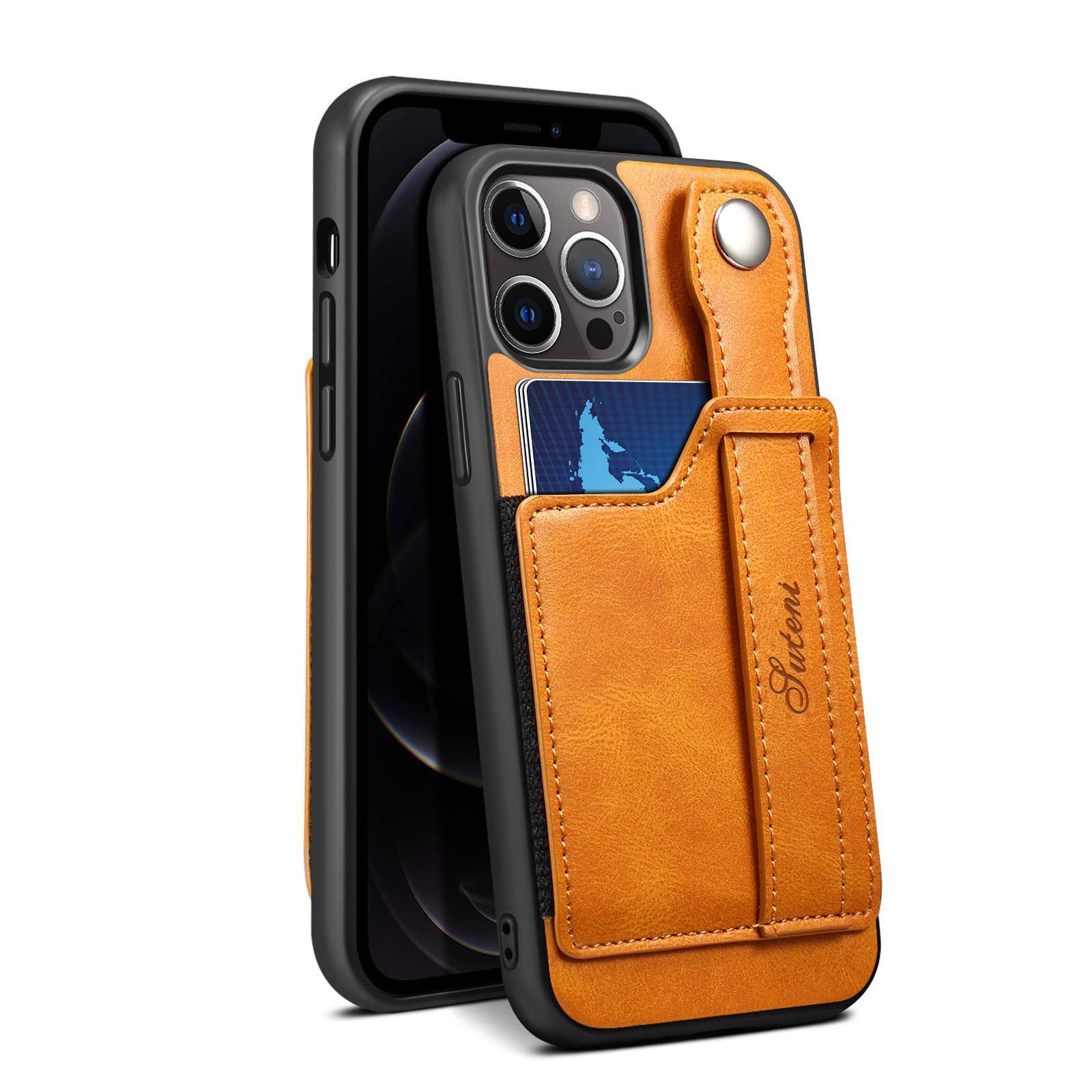 14 Pro Max PU Leather Cover Cell Phone Case with Card Holster and Wrist Strap