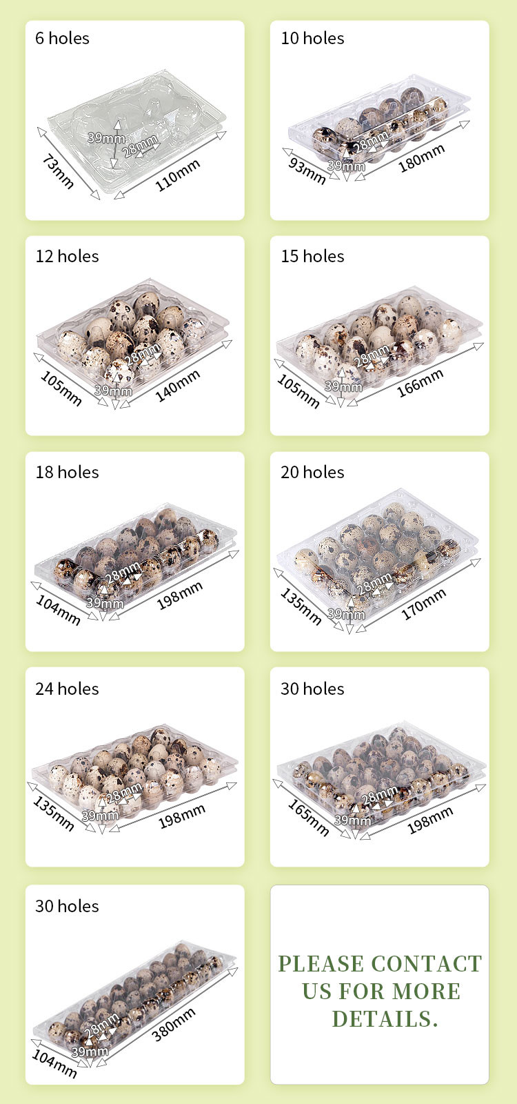 Customized 20 Holes Plastic Egg Packaging Disposable Quail Egg Containers