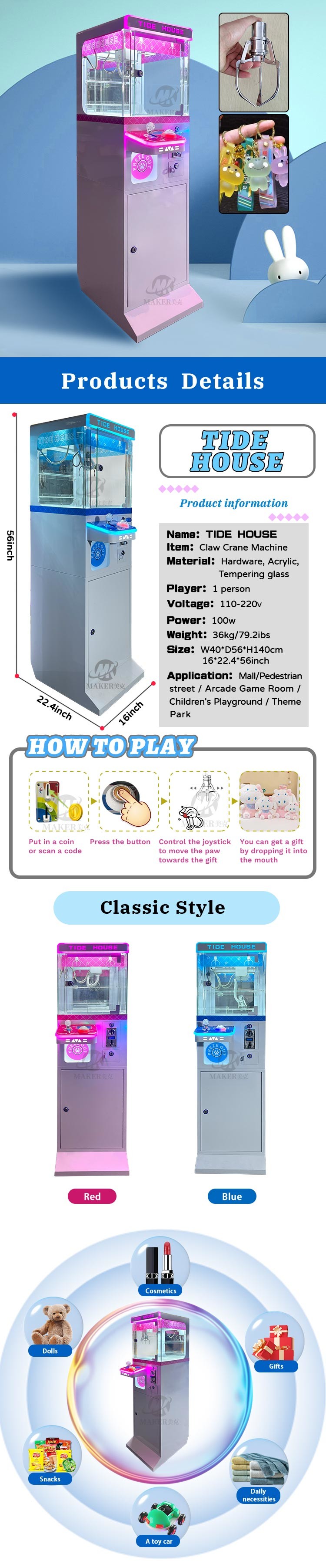 Single Player Tempering Glass Arcade Claw Crane Machine Pink Color