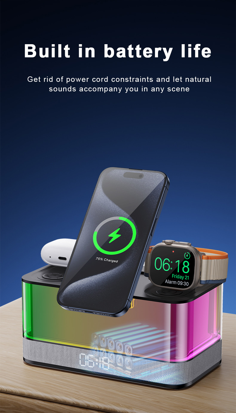 Colorful Lights Wireless Charger for iPhone iWatch and AirPods with Bluetooth Speaker