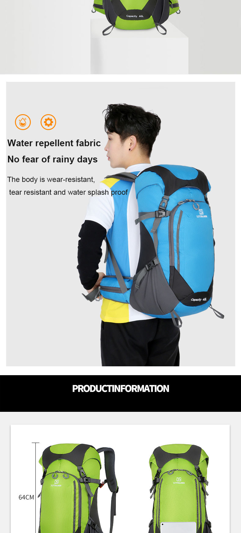 64cm Green Waterproof Hiking Backpack Women'S Lightweight Travel Backpack 40L