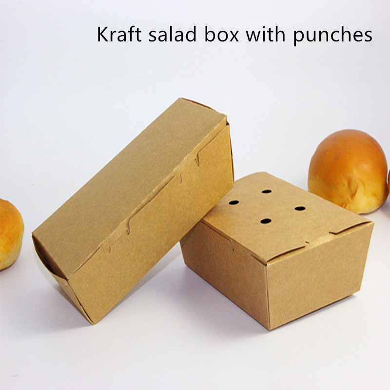 Salad Kraft Paper Take Away Box Microwavable Disposable With Punches
