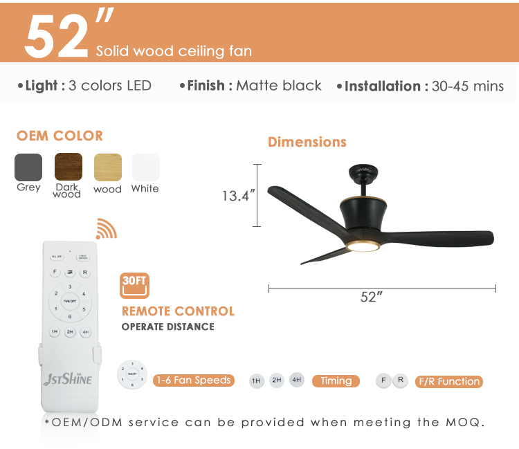 Pure Copper DC Power Source Black Wooden Blades LED Ceiling Fan with 3 Color Lighting
