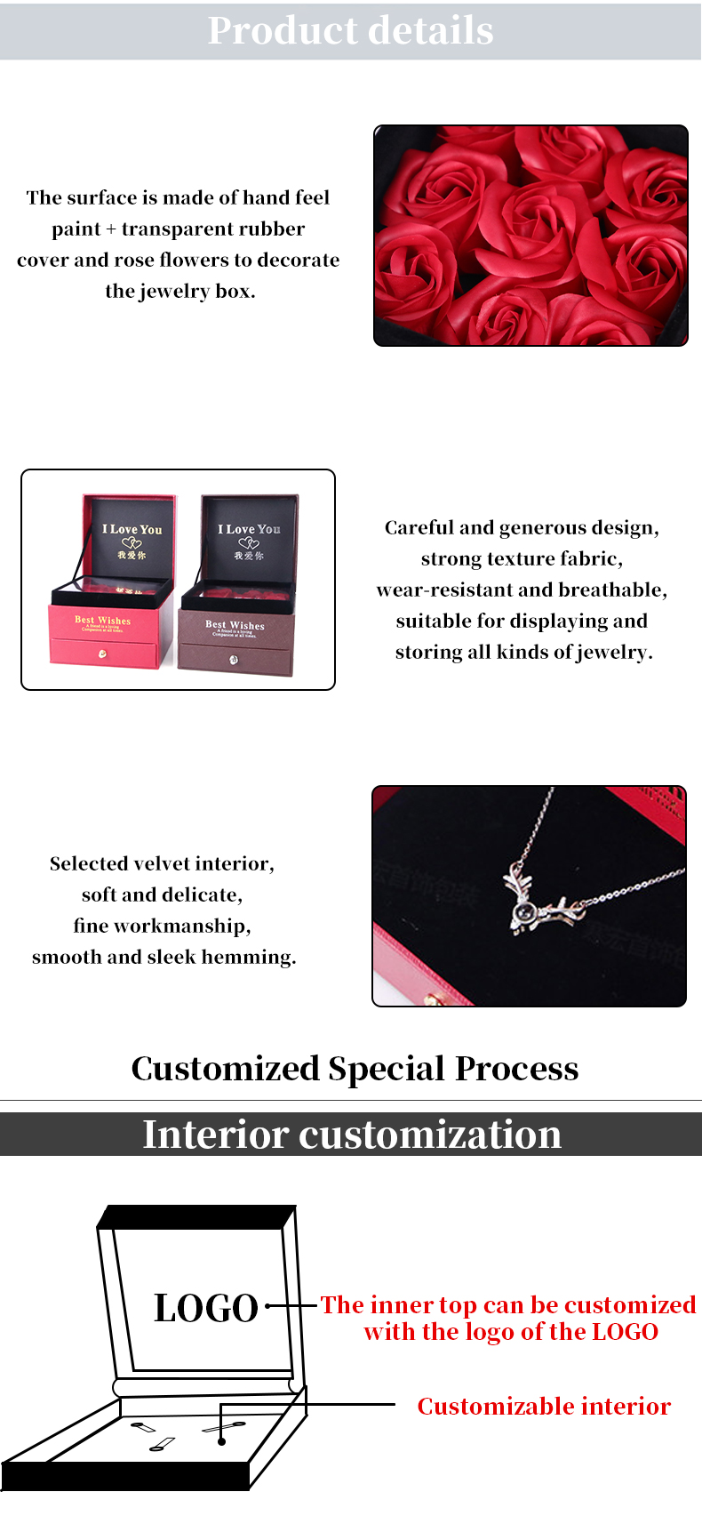 Customized Size Luxury Square Jewelry Box Jewellry Gift Wrapping Box With Rose