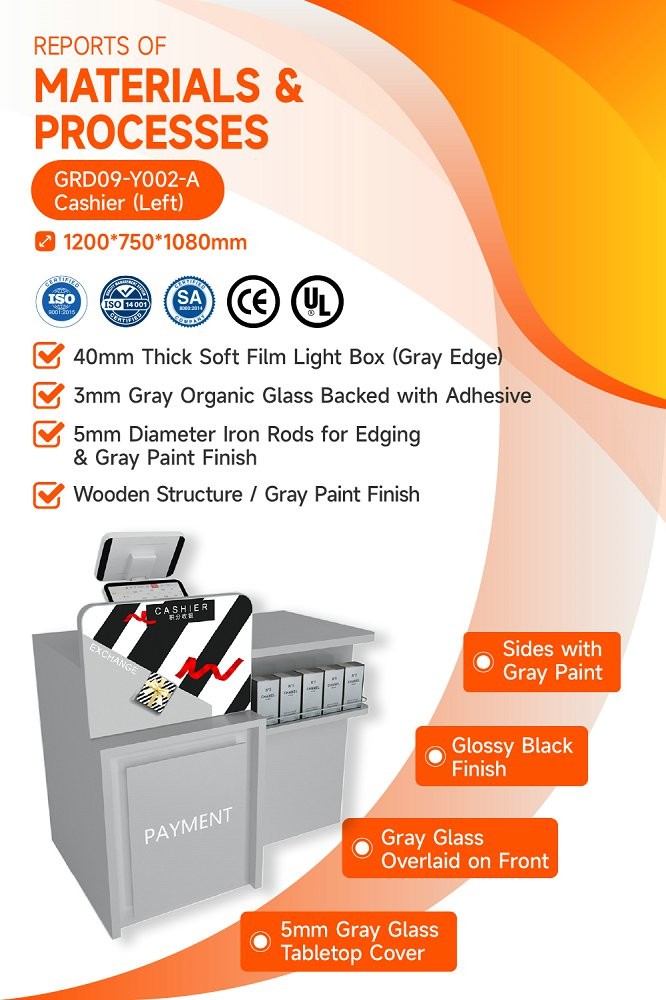 GDR09-Y002-A Retail Display Counter with 40mm Soft Film Light Box and 5mm Gray Glass for Cosmetics Counter