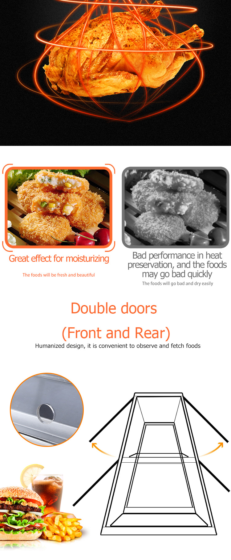 Commercial Kitchen Fried Chicken Food Display Warmer 1220*760*850mm Hot Food Showcase