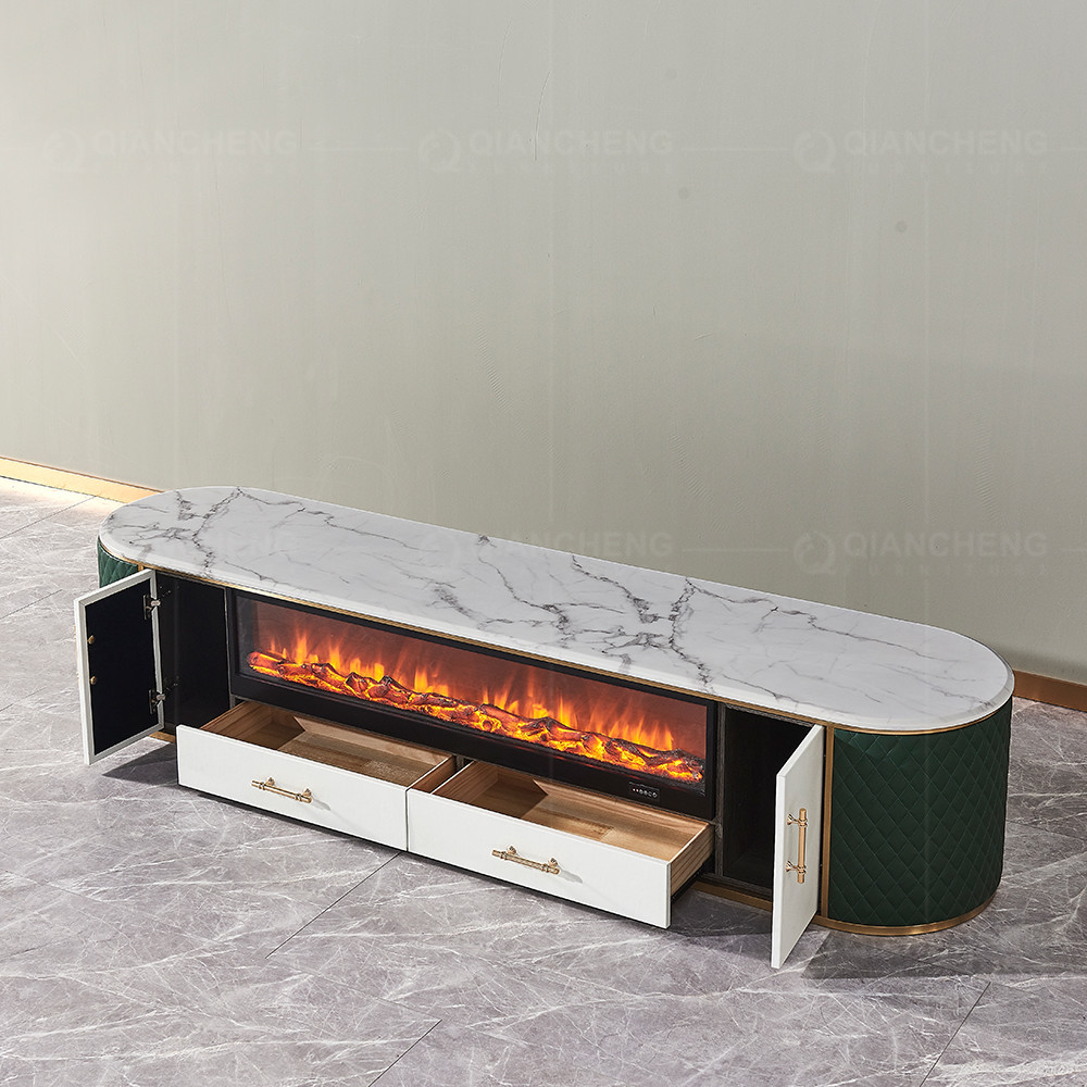 201 Stainless Steel TV Stand 78'' Leather Upholstered Oval Stone With Storage Fireplace 3D Electric LED Flame Wooden