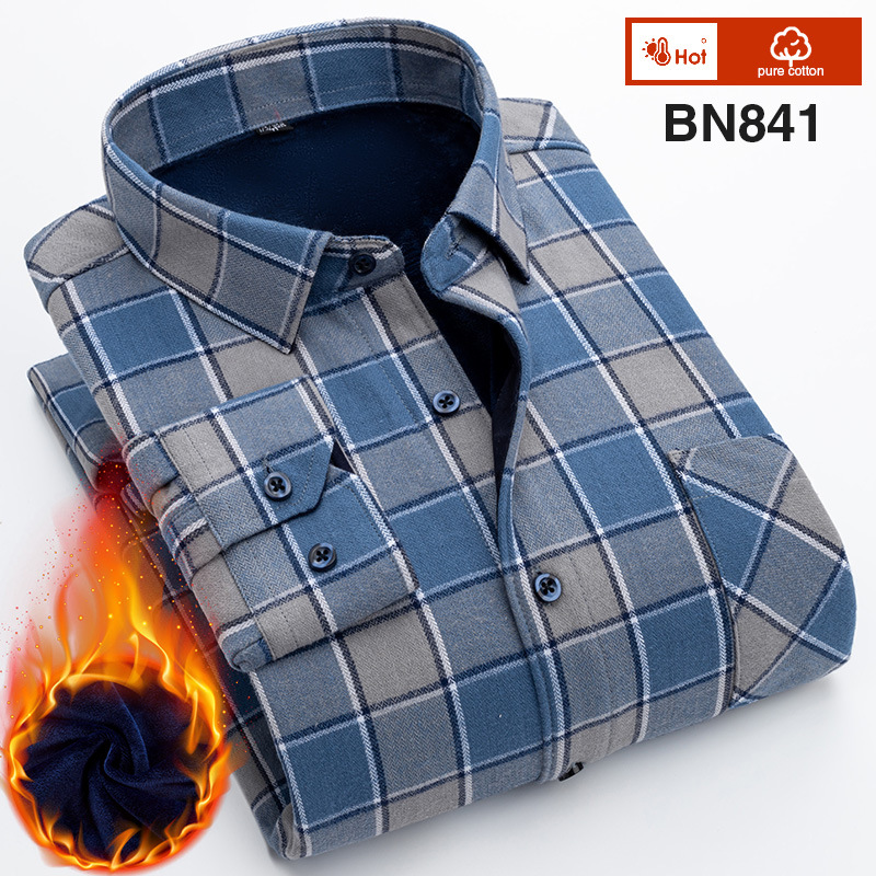 Thickened Fleece Viscose/Polyester/Spandex Plaid Shirt for Men's Office Causal Look