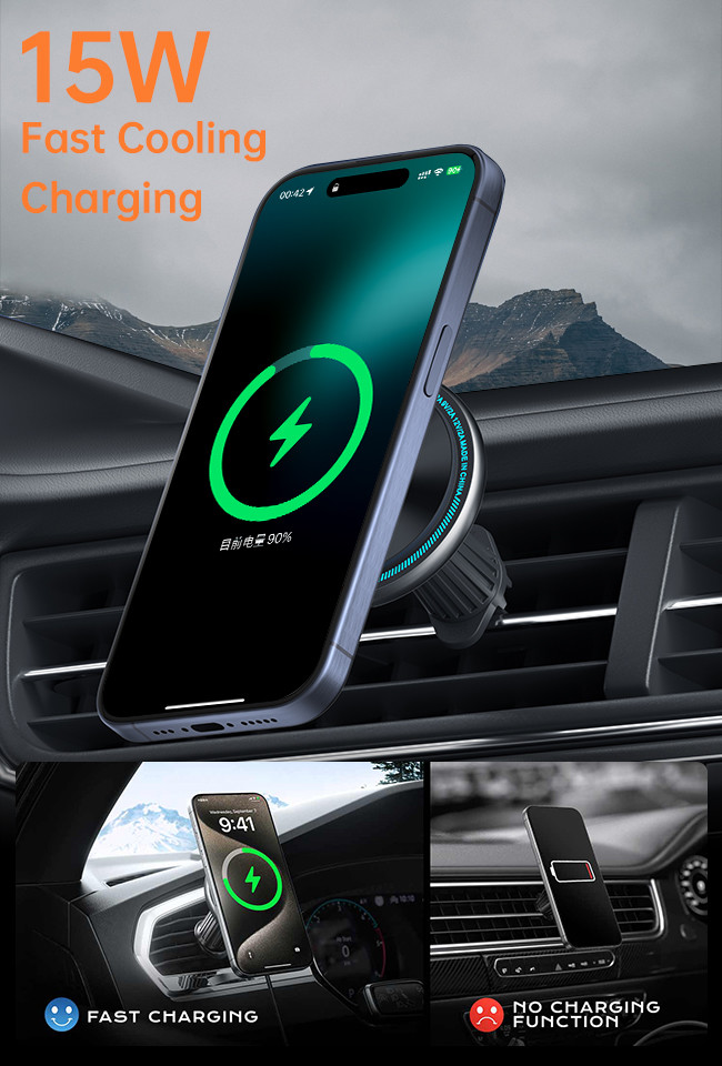 Iphone 15 Pro Max Charger Magnetic Wireless Car Phone Holder With Metal Running Light And Logo Carving Option
