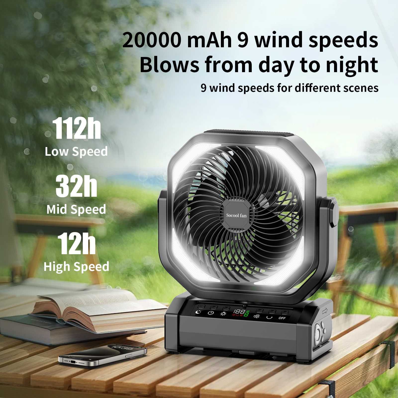 Socool Fan Portable 20000mAh Remote Controlled Multifunction Outdoor Camping Fan