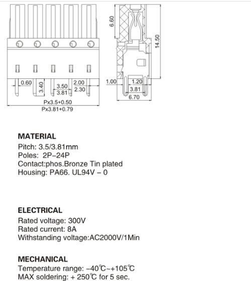 Spring Type Pluggable Terminal Block 3.5 / 3.81 Mm Pitch Connector