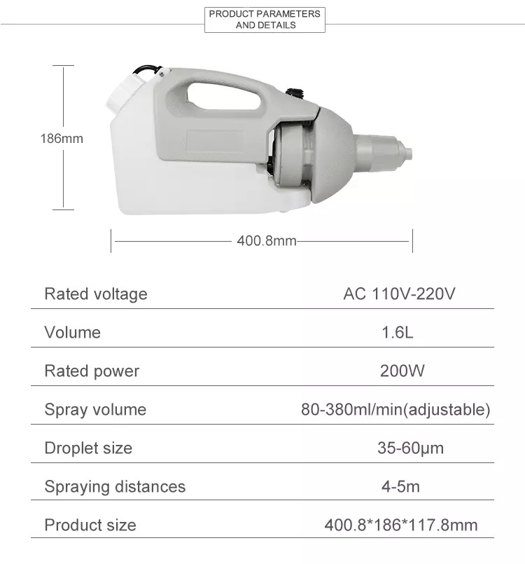 Handheld 1.6L Portable Battery Disinfecting Ulv Electric Cold Fogger Sprayer