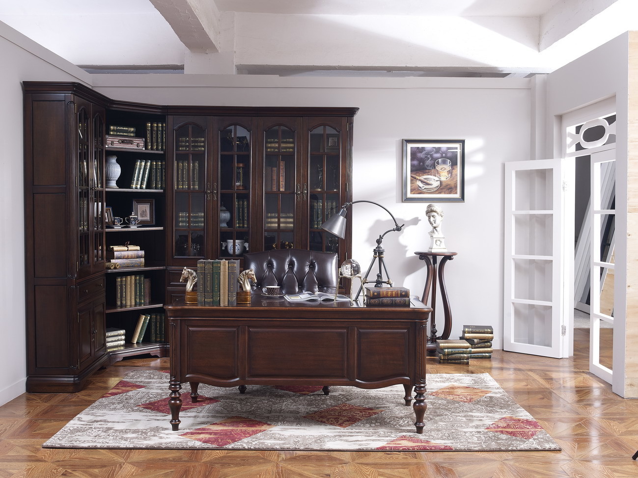 Home Office Study room furniture Wooden Reading Writing desk Computer table with Storage cabinet and Bookshelf cabinet