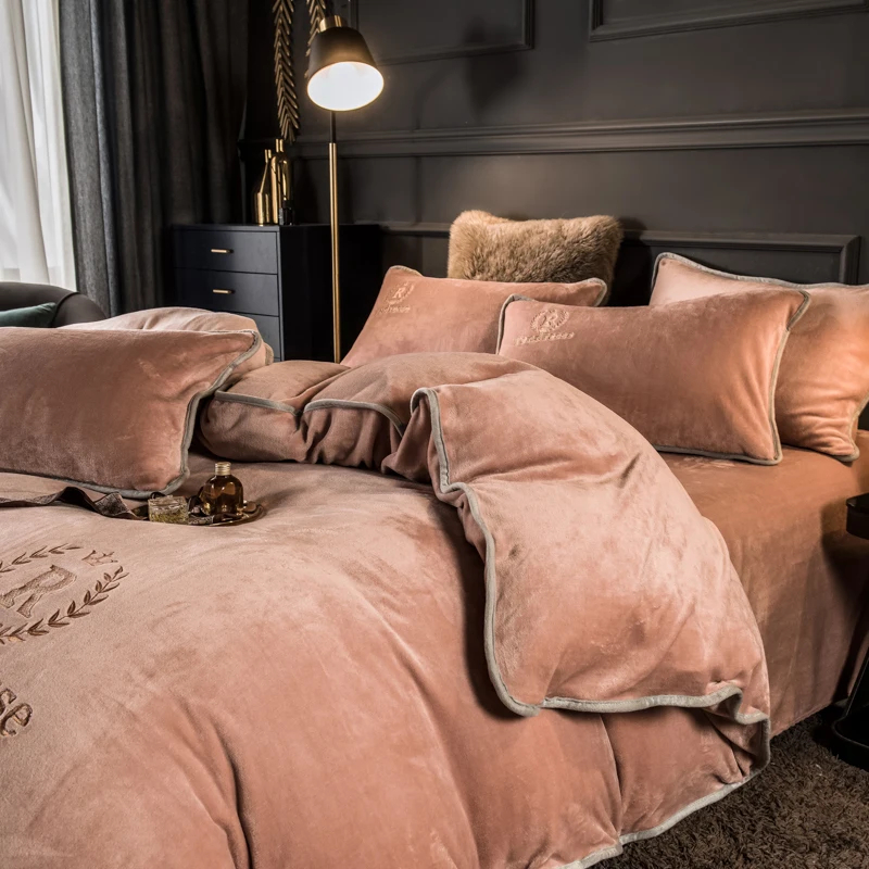Customized Solid Milk Velvet Embroidery Bedding Set Thickened Warm Flannel Four Piece Set