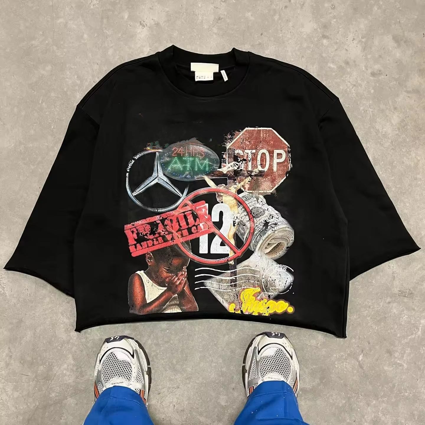 Black Cropped Graphic T Shirt Men 3/4 Sleeve Shirt Heavyweight Printed Cut Raw Curved Hem Boxy